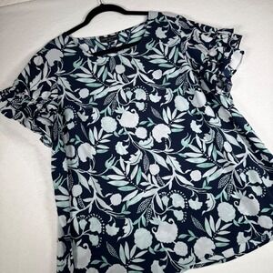 Lane‎ Bryant Womens Floral Ruffle Sleeve Blouse Top Blue Green Plus Size 18